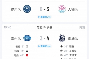 苏超综述：无锡在客场3球大胜徐州，十人泰州主场3-4不敌南通